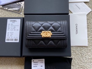A80603-1 Boy Chanel Flap Card Holder Lambskin gold tone silver tone two fold wallet for Womens black
