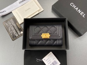 A80603-2 Boy Chanel Flap Card Holder Lambskin gold tone silver tone two fold wallet for Womens black